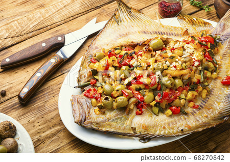 Flounder with vegetables on table Flounder with vegetables on table 68270842