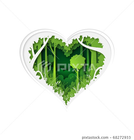 Heart shape of green jungle tropical rain forest nature landscape background paper art style.Vector illustration. 68272933