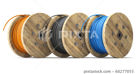 Wire electric cable of different colors on wooden 68277055