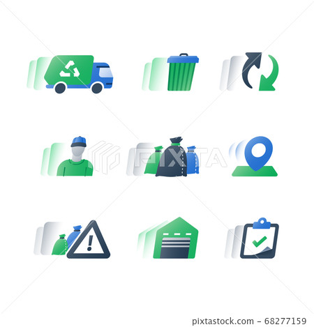 Garbage removal green truck, fast service, collect rubbish Garbage removal green truck, fast service, collect rubbish 68277159