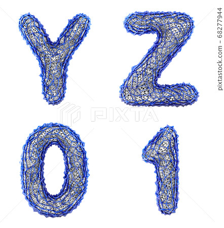 Realistic 3D letters set Y, Z, 0, 1 made of blue plastic. 68277944