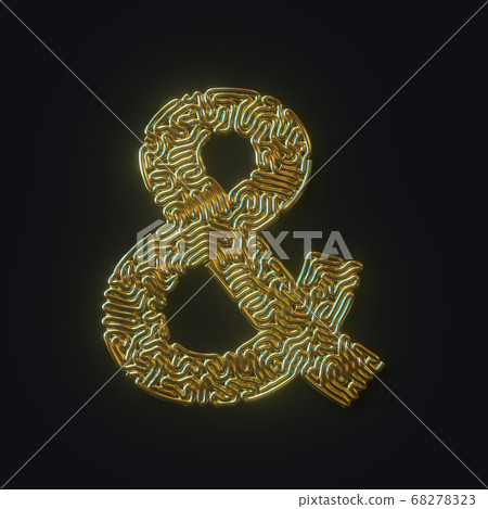 High resolution ampersand symbol formed of gold bent wire. 3D rendering 68278323