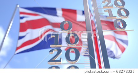 Thermometer shows 0 zero air temperature near waving flag of Great Britain. Weather forecast conceptual 3D rendering 68278325