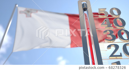 Thermometer shows high air temperature against blurred flag of Malta. Hot weather forecast related 3D rendering Thermometer shows high air temperature against blurred flag of Malta. Hot weather forecast related 3D rendering 68278326