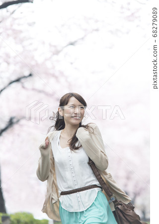 一個女人走在櫻花盛開 一個女人走在櫻花盛開 68279089