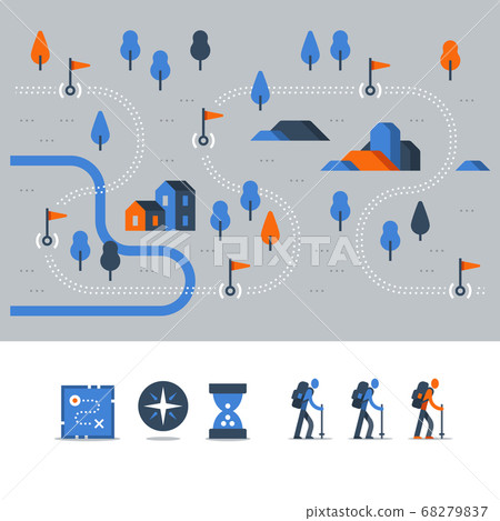 Hiking map, outdoor trail, countryside landscape Hiking map, outdoor trail, countryside landscape 68279837