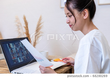 女人在家參加在線會議 女人在家參加在線會議 68280269