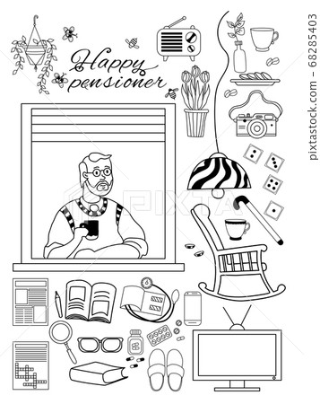 Elderly man. Happy elderly man at In the apartment window and things for a cozy pensioner life. Home appliances and rocking chairs, slippers and medicines, books and crosswords, Contour Elderly man. Happy elderly man at In the apartment window and things for a cozy pensioner life. Home appliances and rocking chairs, slippers and medicines, books and crosswords, Contour 68285403