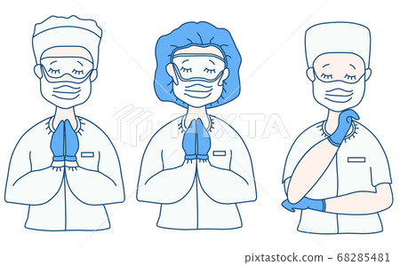 Surgeon and doctors in medical white overalls and protection against the virus - mask, glasses, hat, blue gloves. The doctor crossed his arms, closed his eyes, and prayed. Medicine people. Vector Surgeon and doctors in medical white overalls and protection against the virus - mask, glasses, hat, blue gloves. The doctor crossed his arms, closed his eyes, and prayed. Medicine people. Vector 68285481