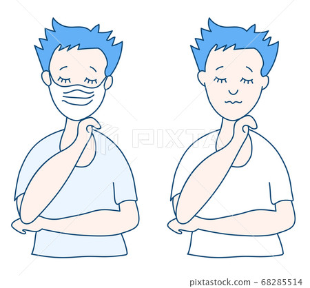 Young cute guy in a medical mask. And a man without a mask on his face with his eyes closed in a T-shirt. Protection against viruses, COVID-19 and air pollution. Safety. Vector 68285514