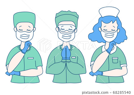 Surgeon, doctor and nurse in medical green clothes and virus protection equipment - mask, glasses and blue gloves. The doctor crossed his arms, closed his eyes, and prayed. Medicine, God and people 68285540