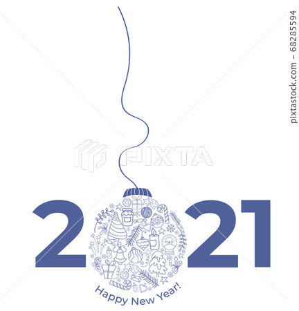 2021 Christmas ball. Happy New Year 2021. Many contour drawings in the form of a Christmas tree ball. Use for design and banners and greetings and postcards. Vector illustration 68285594