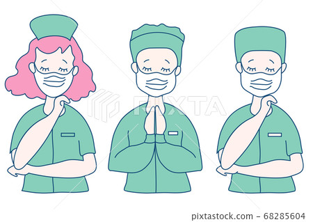 Surgeon, doctor and nurse in medical green clothes and virus protection products - mask. The doctor crossed his arms, closed his eyes, and prayed. Medicine, God and people. Vector illustration Surgeon, doctor and nurse in medical green clothes and virus protection products - mask. The doctor crossed his arms, closed his eyes, and prayed. Medicine, God and people. Vector illustration 68285604