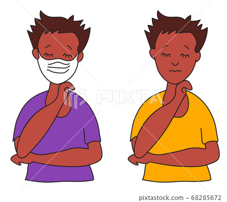Young cute guy in a medical mask with ethnicity. And a teenager without a mask on his face with his eyes closed in a bright T-shirt with dark skin. Protection against COVID-19 and air pollution.Vector 68285672