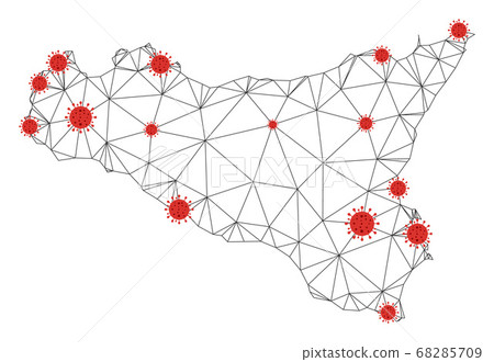 Polygonal Wire Frame Mesh Vector Sicilia Map with Coronavirus Polygonal Wire Frame Mesh Vector Sicilia Map with Coronavirus 68285709