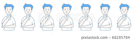 Different emotions and facial expressions. Young guy with a raised hand. Joy, sadness, anger, conversation, funny, fear, smile. Vector illustration flat design. Cartoon. Different emotions and facial expressions. Young guy with a raised hand. Joy, sadness, anger, conversation, funny, fear, smile. Vector illustration flat design. Cartoon. 68285784
