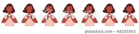 Different emotions. Ethnic background A woman practices yoga and meditation. Facial expressions. Joy, sadness, anger, funny, fear, smile. Vector illustration flat design. Cartoon. 68285803