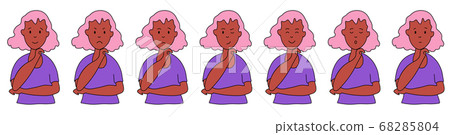 Different emotions. Ethnicity woman. Facial expressions and hand gestures. Joy, sadness, anger, conversation, funny, fear, smile. Vector illustration flat design. Cartoon. 68285804