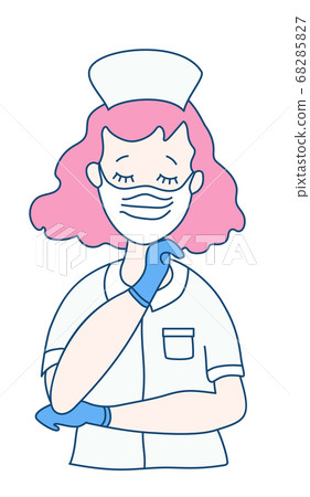 Nurse in medical white workwear, mask and blue gloves with closed eyes. A medical officer saves people from the virus. Vector drawing of a flat man Nurse in medical white workwear, mask and blue gloves with closed eyes. A medical officer saves people from the virus. Vector drawing of a flat man 68285827