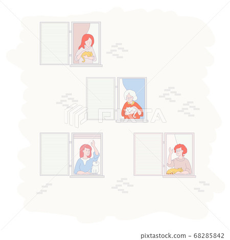 The facade of the house with open windows. Different women neighbors with pets - cats. An elderly woman, a girl, a girl communicate and wave their hands. Friendship, quarantine concept. Stay home The facade of the house with open windows. Different women neighbors with pets - cats. An elderly woman, a girl, a girl communicate and wave their hands. Friendship, quarantine concept. Stay home 68285842