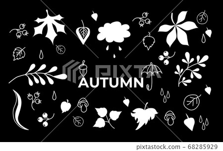 Vector set of autumn drawings on a black background. White outline and silhouette. Doodle of various leaves and berries, mushrooms and text. Set of elements for the fall season. Vector  68285929