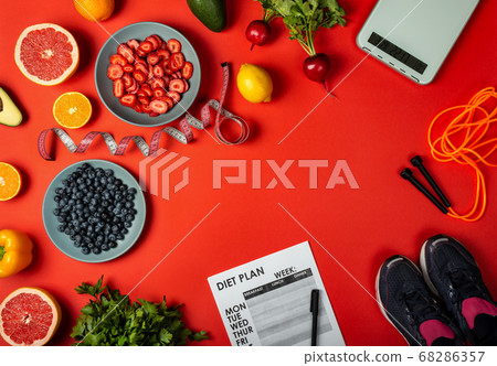 Diet plan Healthy food Fitness equipment. Top view. 68286357