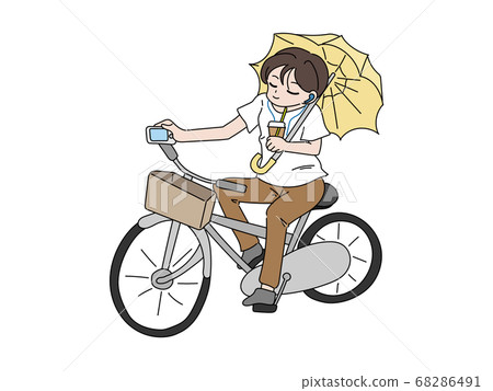 People riding a bicycle while holding an umbrella Dangerous driving 68286491