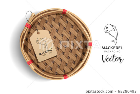 Packaging mackerel basket, product realistic design with label logo fish isolated on white Packaging mackerel basket, product realistic design with label logo fish isolated on white 68286492