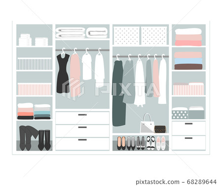 Wardrobe storage system in a modern style. Dressing room interior element, flat vector illustration. Closet with woman closing 68289644