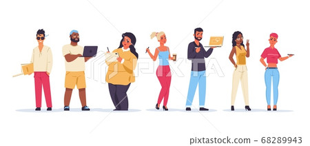 Designers. Cartoon creative team of young artists and designers, diverse male and female millennials. Vector happy friends set Designers. Cartoon creative team of young artists and designers, diverse male and female millennials. Vector happy friends set 68289943
