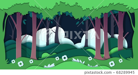 Paper cut trees. Ecology concept with nature environment and cardboard landscape. Vector green origami background Paper cut trees. Ecology concept with nature environment and cardboard landscape. Vector green origami background 68289945