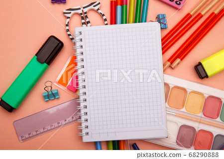 School office supplies on pink background School office supplies on pink background 68290888