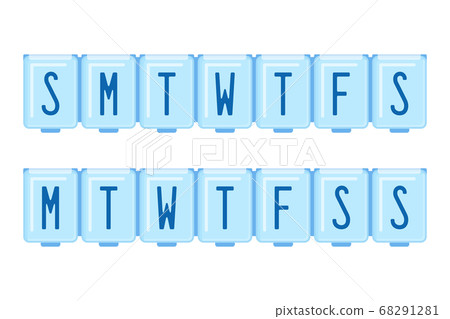 Week medical pill box organizer. Vector illustration of daily dosage of medication or vitamin in pill dispancer. Concept of medical care, treatment reminder for senior, pharmacy. Week medical pill box organizer. Vector illustration of daily dosage of medication or vitamin in pill dispancer. Concept of medical care, treatment reminder for senior, pharmacy. 68291281