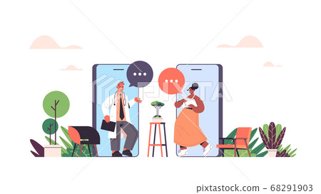 mix race doctors in smartphone screend discussing during video call chat bubble communication online consultation 68291903