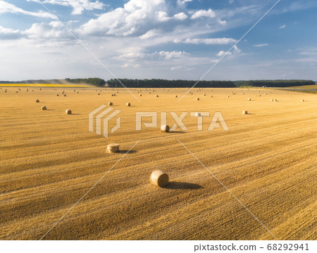 Aerial view of hay bales in summer. Top view of 68292941