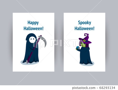 Greeting card for Halloween. Halloween witch and the Grim Reaper. Vector illustration 68293134
