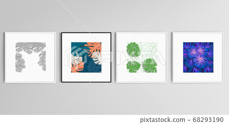 Realistic vector set of square picture frames isolated on gray background. Tropical palm leaves, shadow of tropical jungle leaves. Floral pattern backgrounds. Realistic vector set of square picture frames isolated on gray background. Tropical palm leaves, shadow of tropical jungle leaves. Floral pattern backgrounds. 68293190