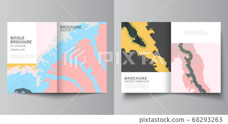 Vector layout of two A4 cover mockups design templates for bifold brochure, flyer, cover design, book design, brochure cover. Japanese pattern template. Landscape background decoration in Asian style. 68293263