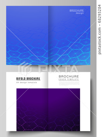 Vector layout of two A4 format modern cover mockups design templates for bifold brochure. Digital technology and big data concept with hexagons, connecting dots and lines, science medical background. 68293284
