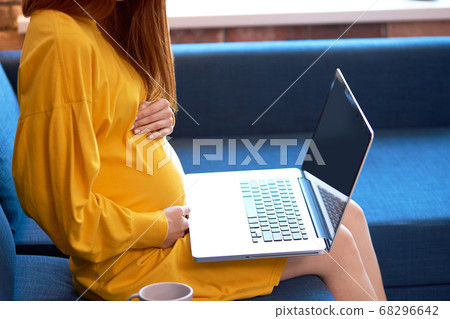 side view on pregnant lady using laptop side view on pregnant lady using laptop 68296642