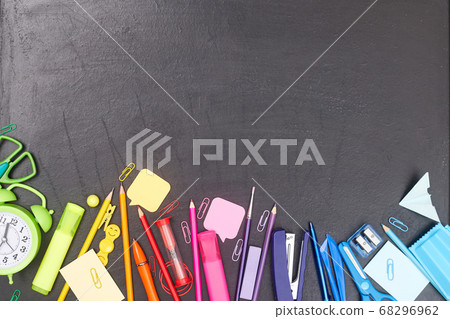 back to school, multicolored school supplies, rainbow on school board, flatlay, copyspace back to school, multicolored school supplies, rainbow on school board, flatlay, copyspace 68296962