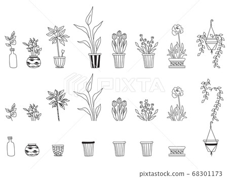 Set of different indoor plants. House of flowers and human hobbies. Botanical set - flowerpots, pots, flowers, leaves. Isolated elements and different options. Vector line drawings. 68301173
