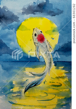 a koi fish jumped to the surface in fullmoon night. Watercolor hand painting. symbol of good luck and prosperity. a koi fish jumped to the surface in fullmoon night. Watercolor hand painting. symbol of good luck and prosperity. 68301282