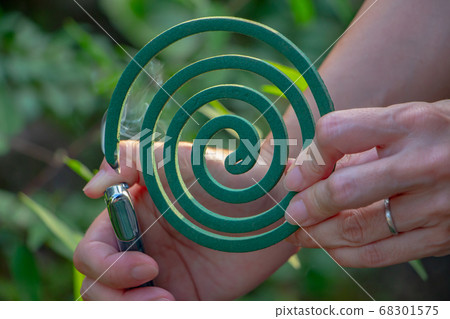 一名帶蚊香的女人用右手打火機點燃 68301575