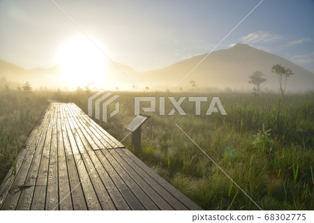 Senjogahara and Mt. Nantai in the summer with the wooden path shining in the morning sun and the morning mist Senjogahara and Mt. Nantai in the summer with the wooden path shining in the morning sun and the morning mist 68302775