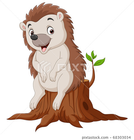 Cartoon little hedgehog sitting on tree stump Cartoon little hedgehog sitting on tree stump 68303034