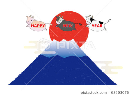 2021 Ox New Year's card Mt. Fuji and cows on the morning sun and sky 68303076