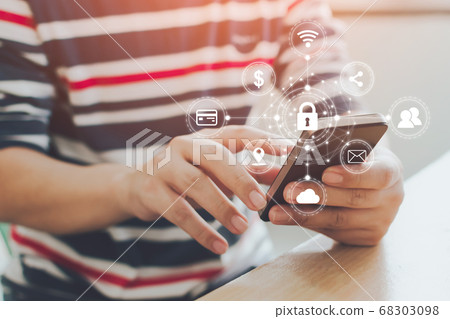 Close-up image of male hands using mobile Close-up image of male hands using mobile 68303098