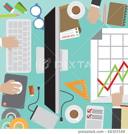 Flat Design Of Office Workers Desk With Office Supply Vector Illustration Flat Design Of Office Workers Desk With Office Supply Vector Illustration 68303589
