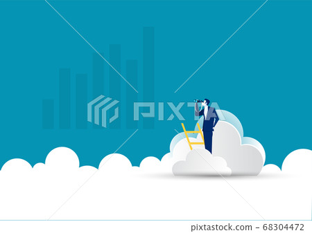 businessman on ladder with telescope on cloud.leadership, opportunity, vector 68304472